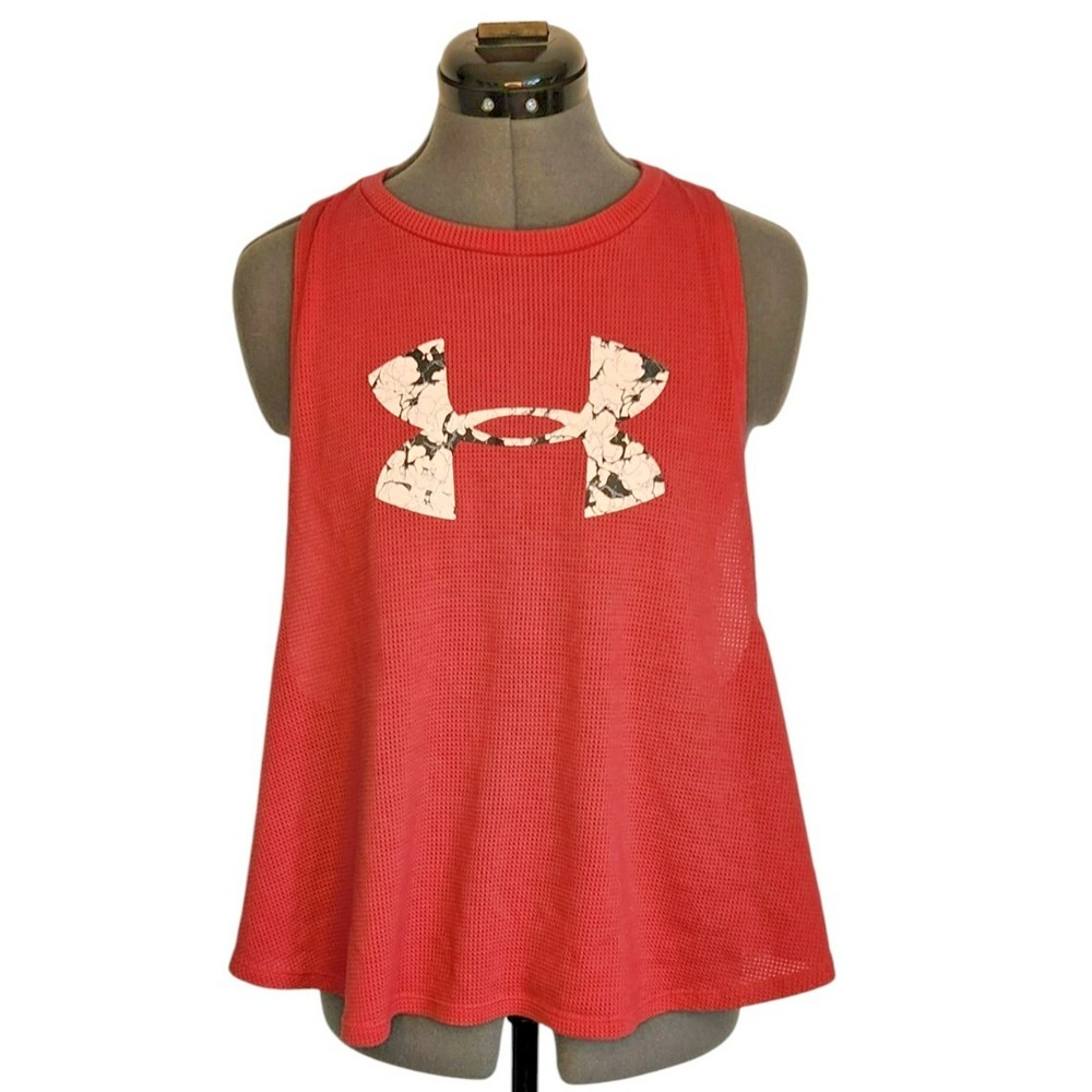 Under Armour Womens Red‎ Mesh Racerback Logo Tank Top Large Floral Graphic Loose